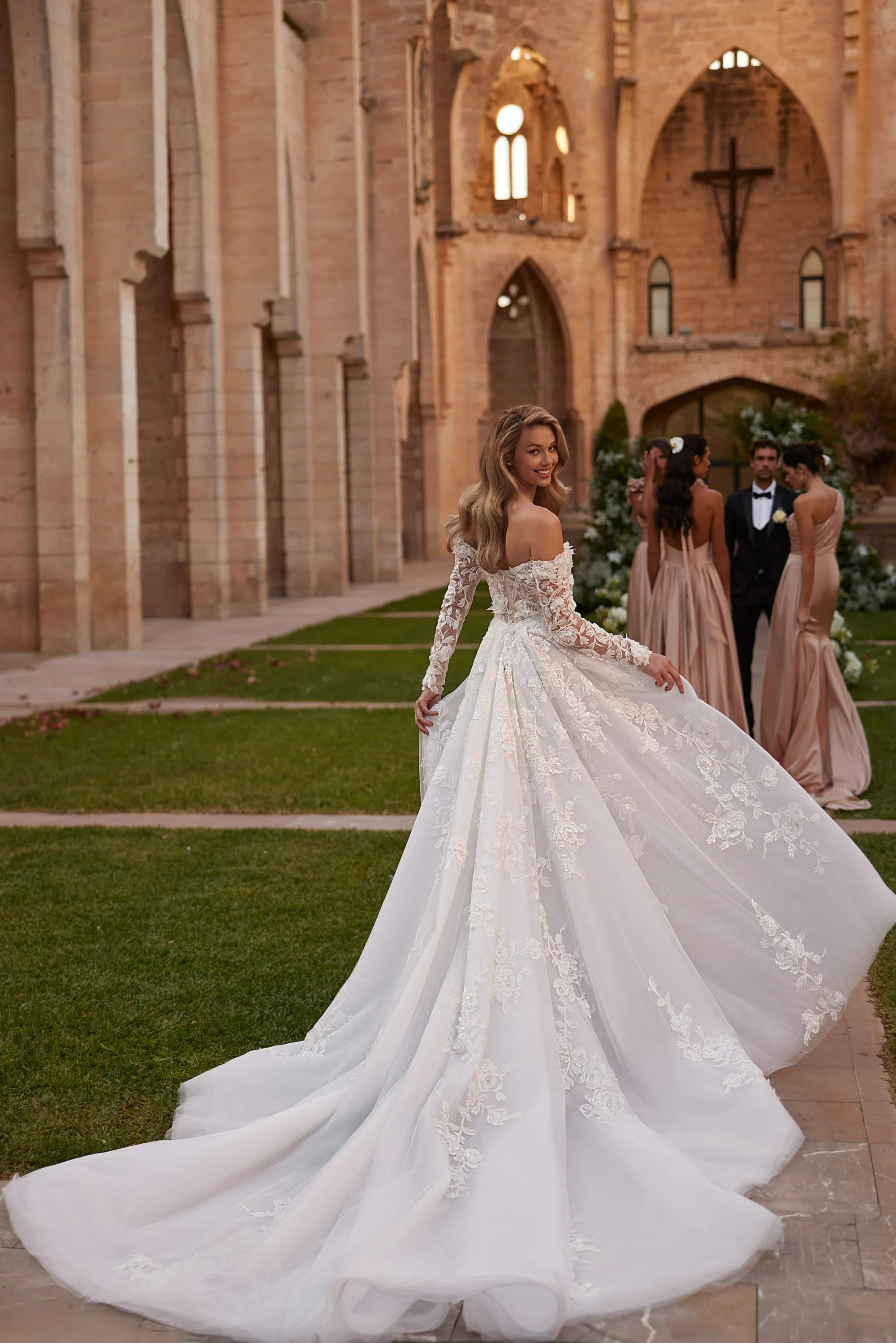 Off Shoulder Wedding Dress with Convertible Overskirt – Lace Embellished Wedding Gown with Long Sleeves Plus Size - Image 4