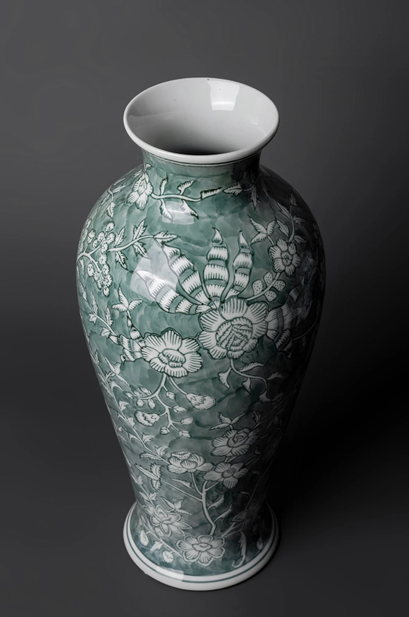 Oriental Celadon Green Grisaille Handmade Porcelain Vase with Twin Branch Motif - Image 2
