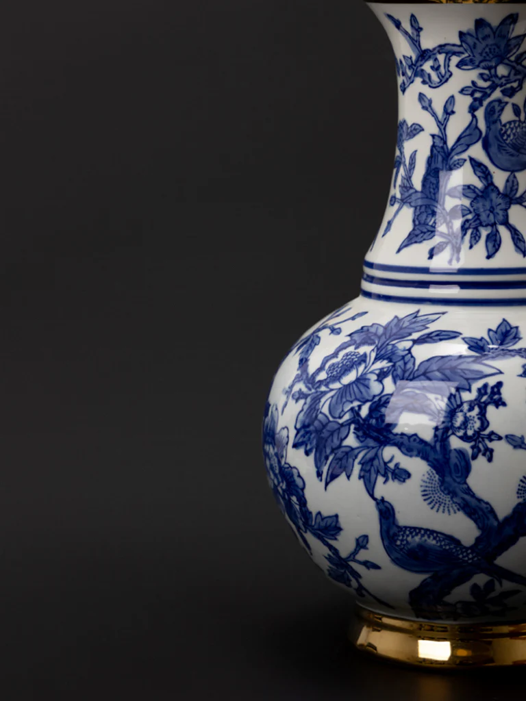 Oriental Handcrafted French Import Blue and White Porcelain Vase with Gilded Accents Wide-Mouth Belly Shape - Image 3