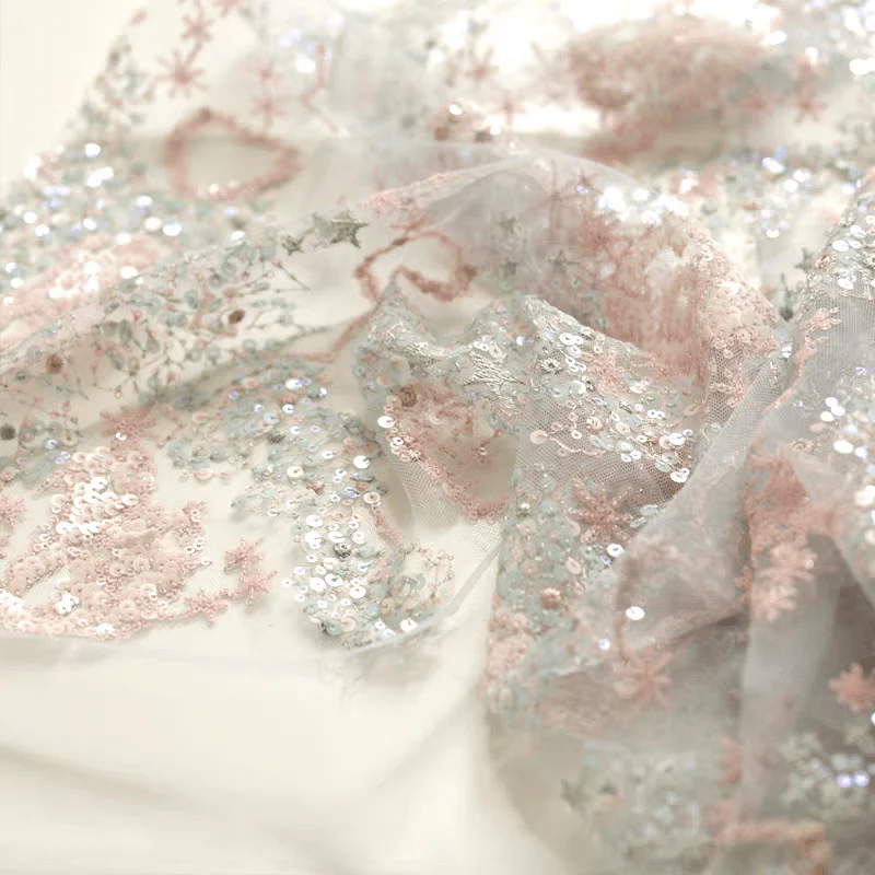 Pastel Pink Floral Sequined Tulle Fabric - Image 2