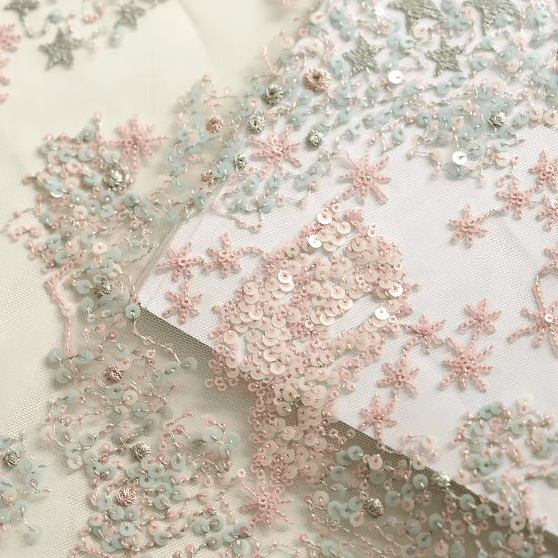 Pastel Pink Floral Sequined Tulle Fabric - Image 3