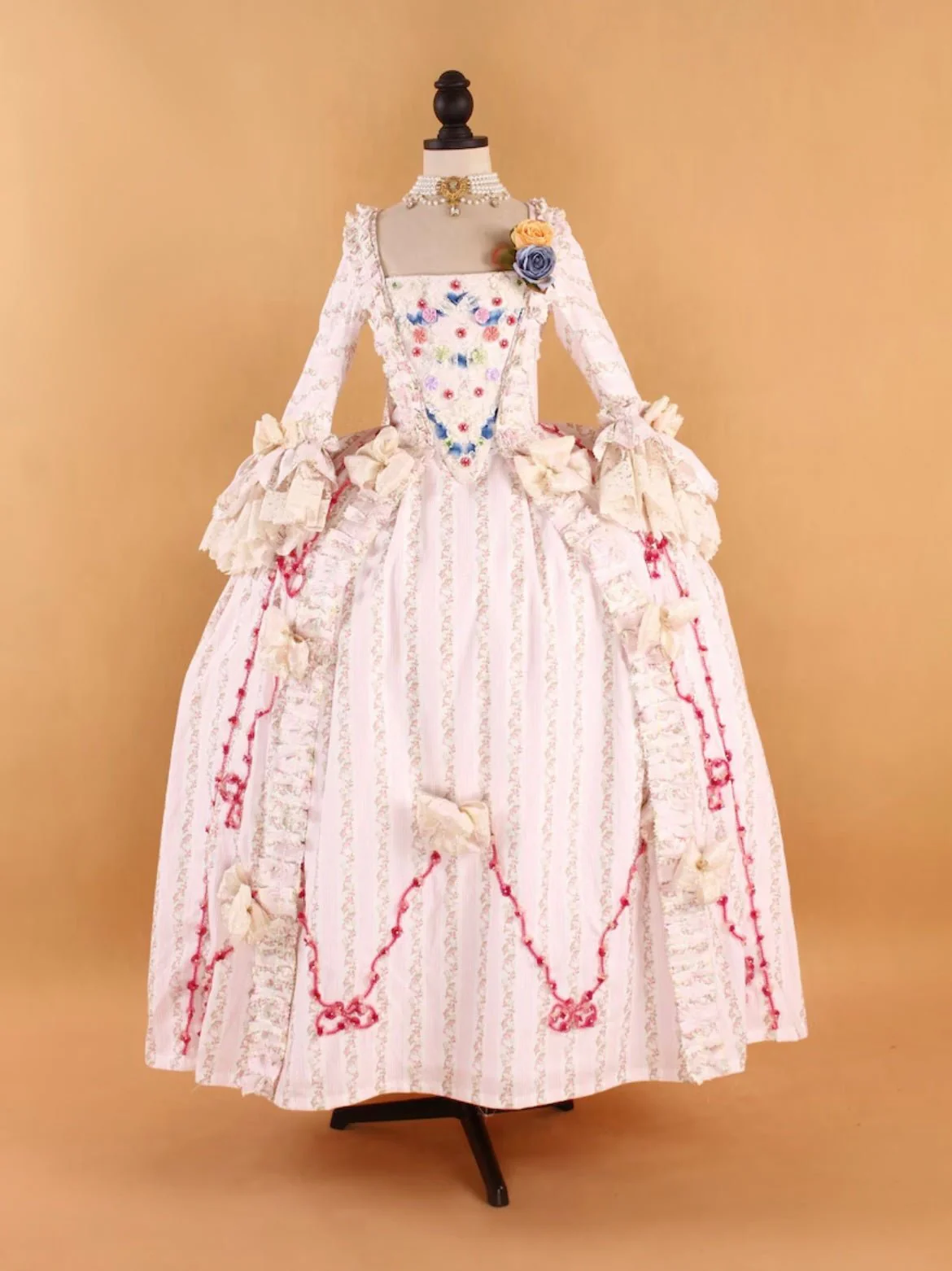 Pastel Striped Rococo Gown with Victorian Ball Gown Flair and Marie Antoinette Lace Detailing – Baroque Style Elegance Plus Size