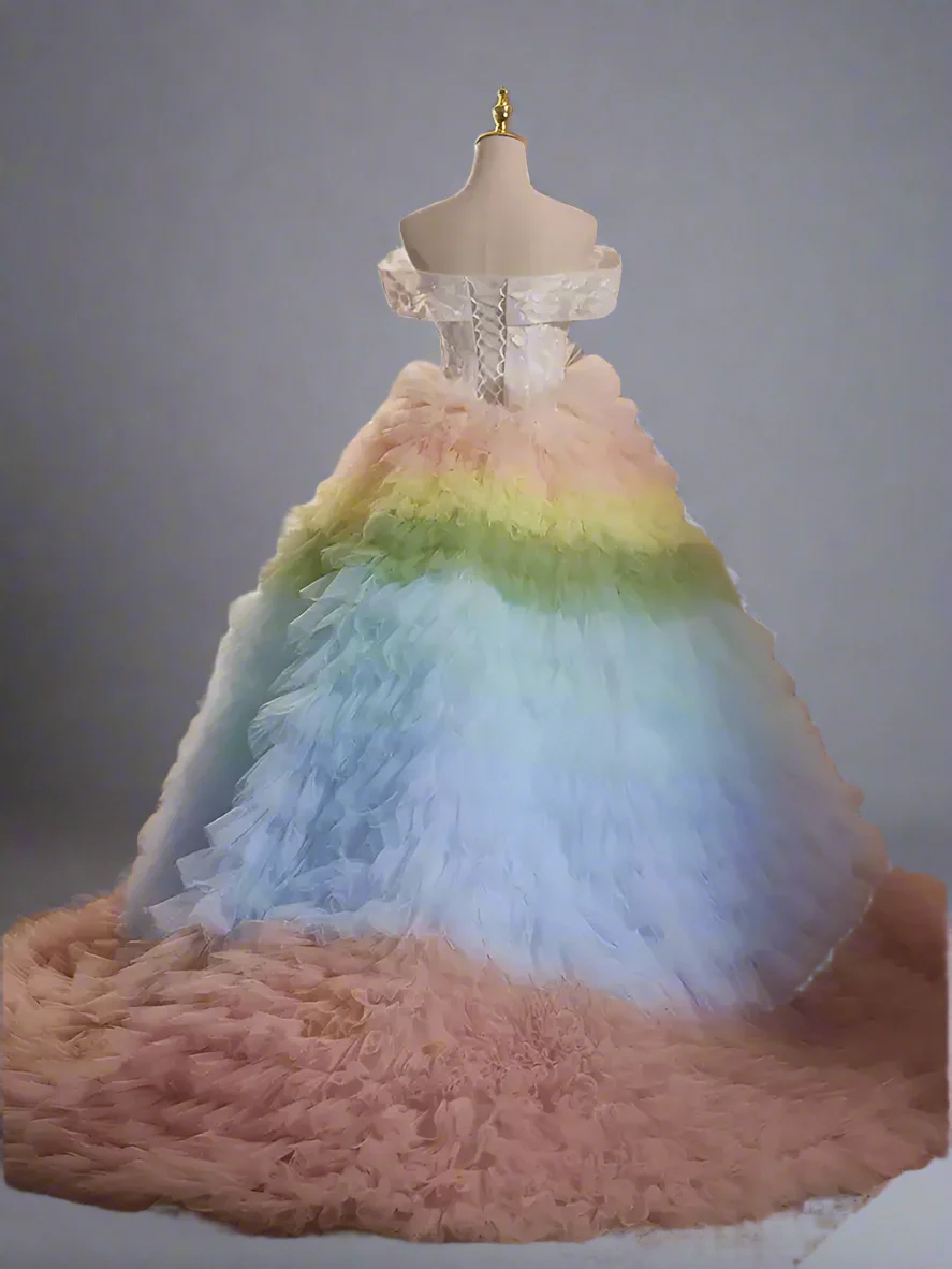 Pink and Blue Tiered Tulle Ball Gown - Off the Shoulder Ball Gown - Corset Tulle Dress with Layered Ruffle Skirt Plus Size - Image 3