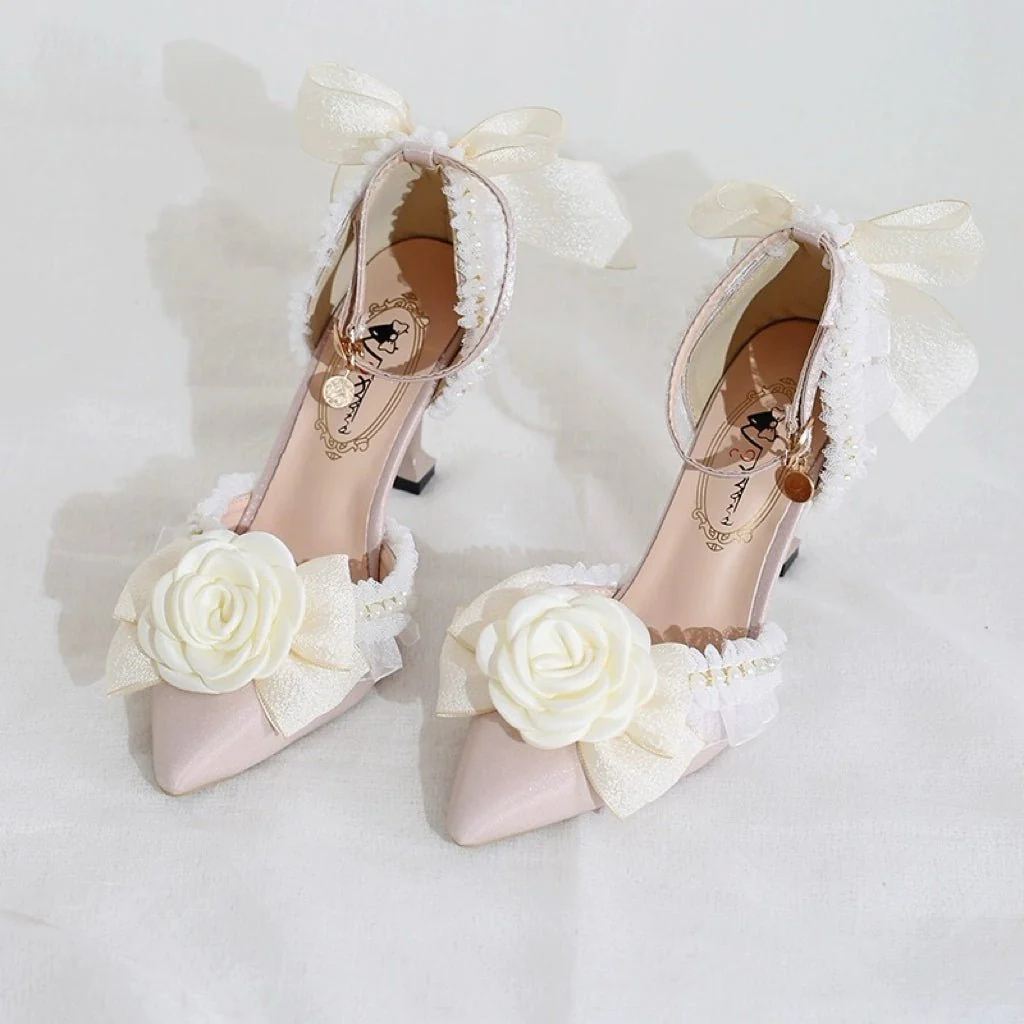 Pink and Cream Lolita Vintage Shoes with Rose - Lolita Heels
