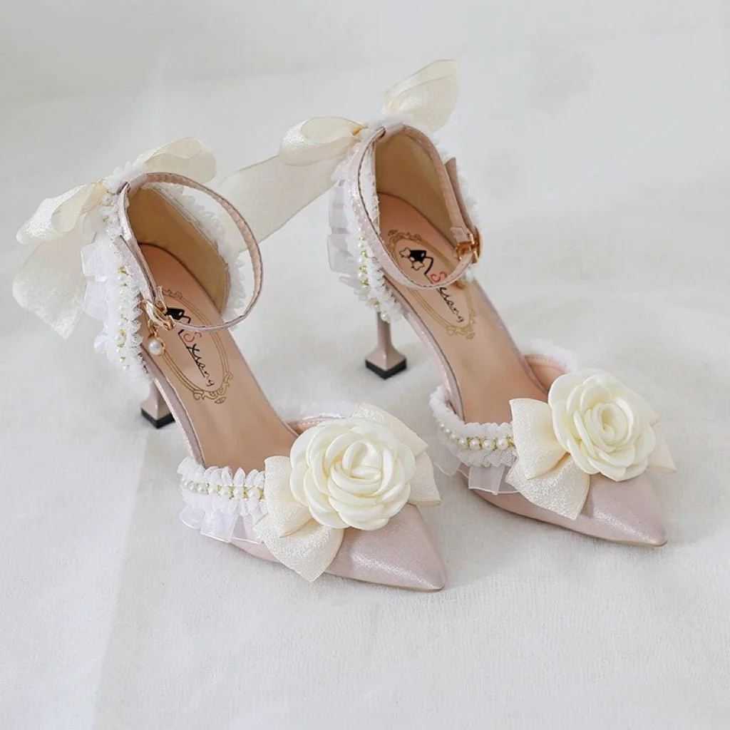 Pink and Cream Lolita Vintage Shoes with Rose - Lolita Heels - Image 2