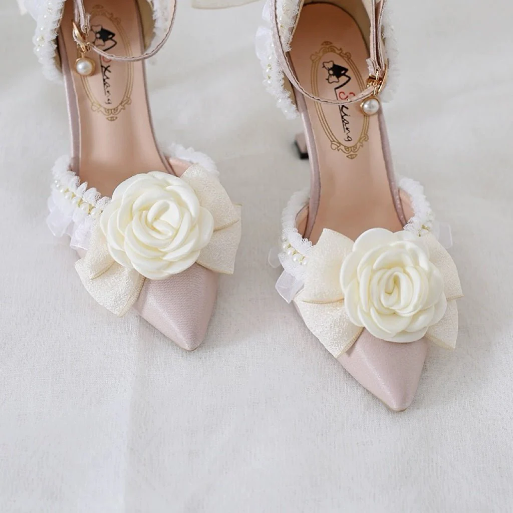 Pink and Cream Lolita Vintage Shoes with Rose - Lolita Heels - Image 3