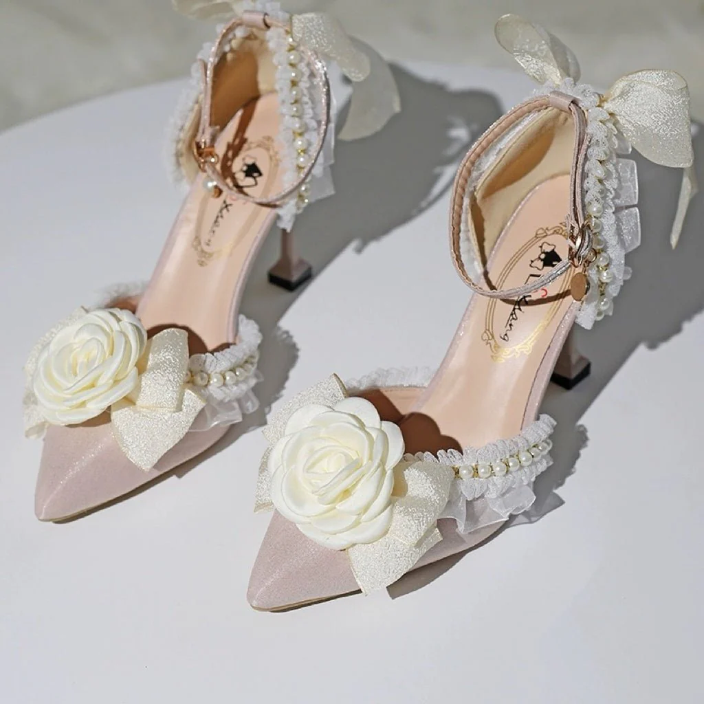 Pink and Cream Lolita Vintage Shoes with Rose - Lolita Heels - Image 4