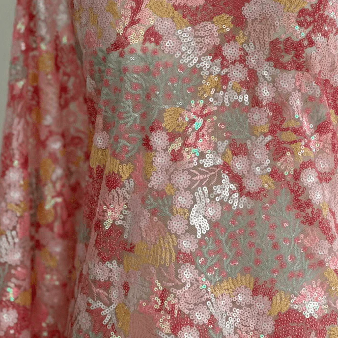 Pink and Gold Floral Sequin Embroidered Lace Fabric