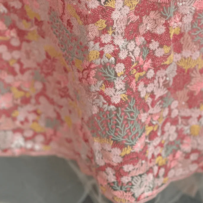Pink and Gold Floral Sequin Embroidered Lace Fabric - Image 2