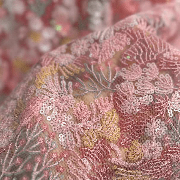 Pink and Gold Floral Sequin Embroidered Lace Fabric - Image 3
