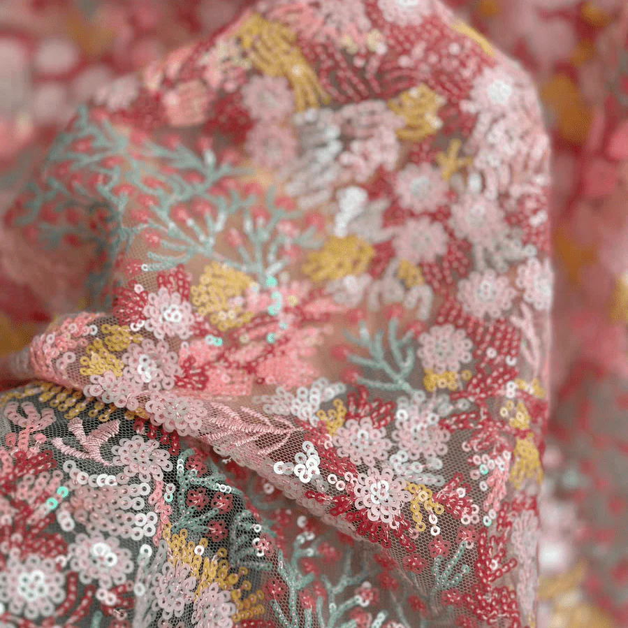 Pink and Gold Floral Sequin Embroidered Lace Fabric - Image 4