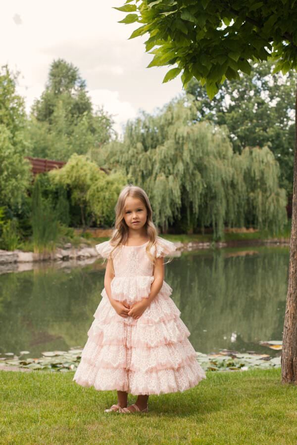 Pink and White Chantilly Lace Plus Size Girl’s Dress – Roselyn A-Line Party Gown with Ruffle Skirt for Special Occasions - Image 3