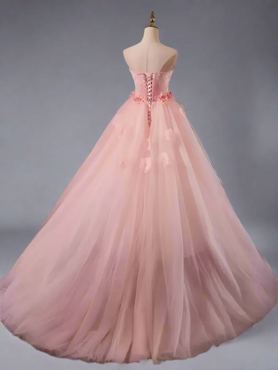 Pink Ball Gown with Floral Accessories - Corset Back Wedding Dress - Pink Flower Prom Dress with Tulle Plus Size - Image 4