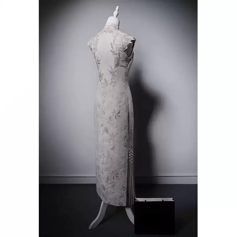 Designer Pink Cheongsam Dress with Embroidered Lace and Fringe Hem – Formal Evening Gown with Sleeveless and High-Neck Plus Size - Image 3