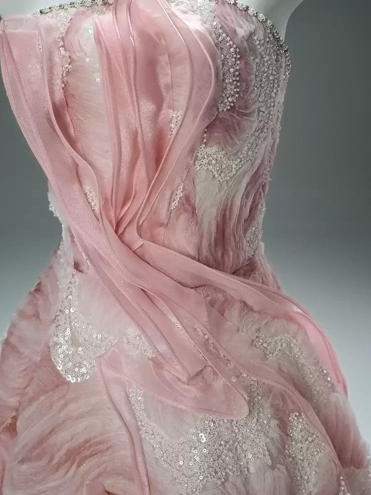 Pink Evening Dress Ball Gown with Glitter Floral Embroidery – Strapless Evening Gown with Sheer Neck Wrap Plus Size - Image 4
