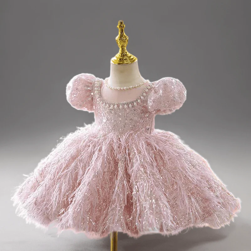 Pink Feather Embellished Long Sleeve Flower Girl Dress – Plus Size - Image 3