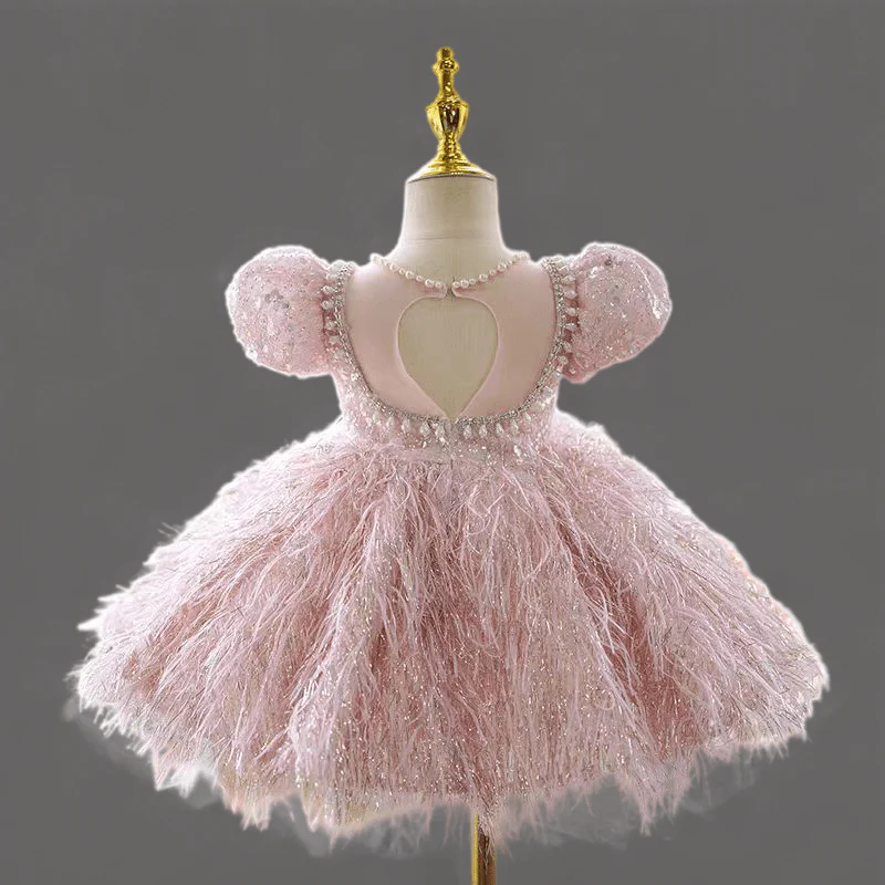 Pink Feather Embellished Long Sleeve Flower Girl Dress – Plus Size - Image 4