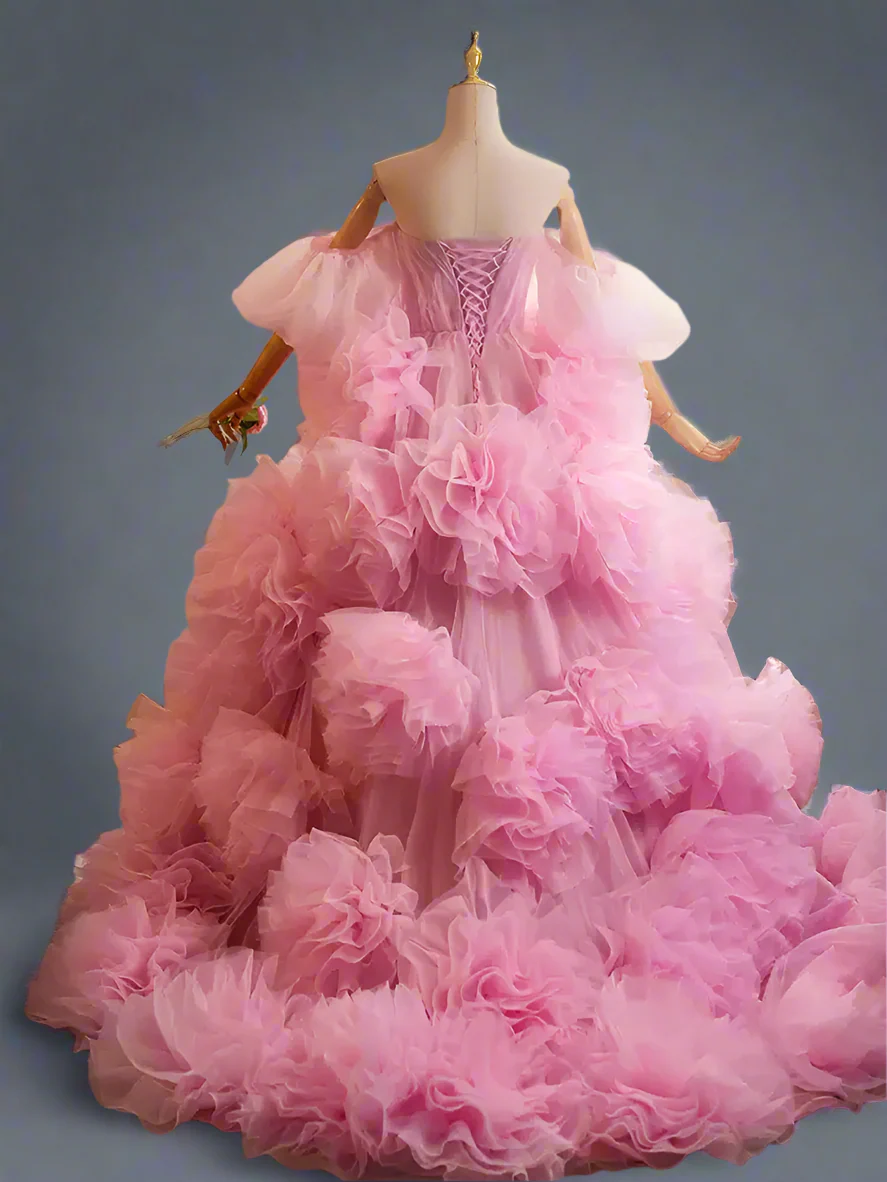 Pink Floral Ball Gown - Corset Tulle Dress - Tiered Floral Tulle Dress - Off Shoulder Wedding Dress Plus Size - Image 3