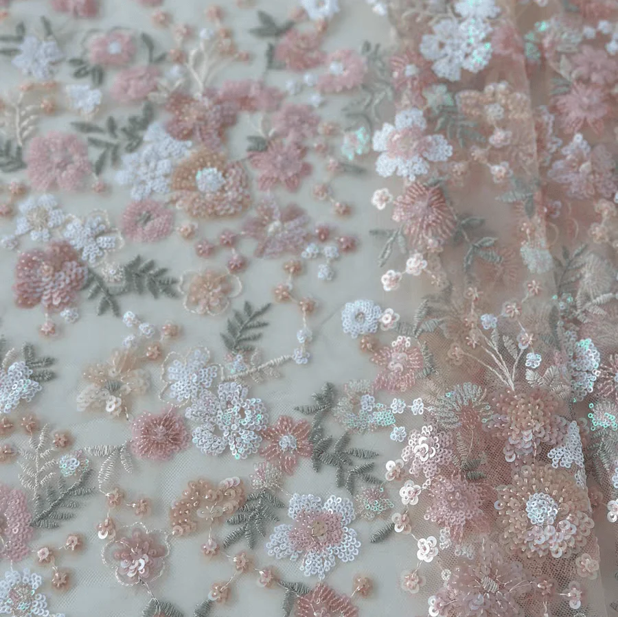 Pink Floral Sequin Embroidered Tulle Lace Fabric - Image 2
