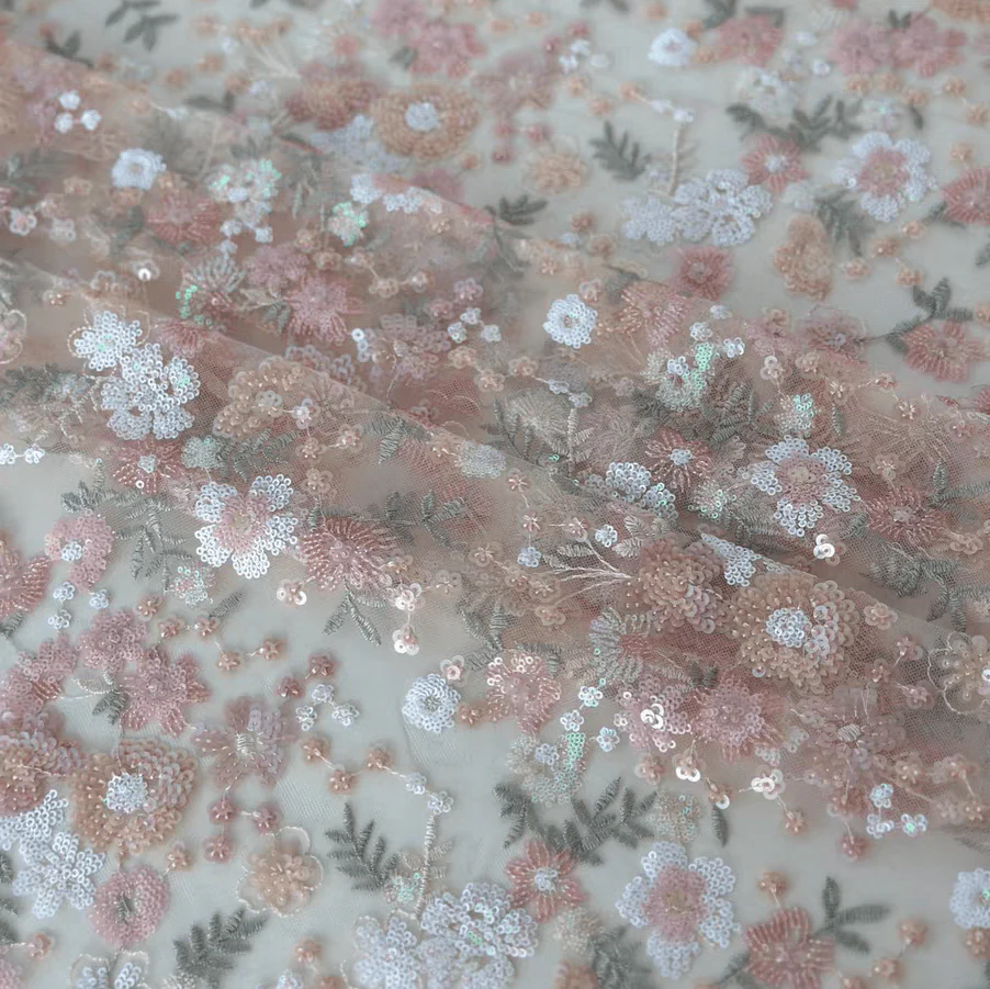 Pink Floral Sequin Embroidered Tulle Lace Fabric - Image 3