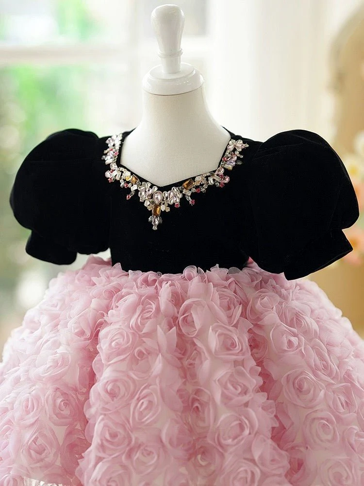 Pink Flower Girl Dress with Black Velvet Bodice and Luxurious Rose Detail Skirt Plus Size - Image 5