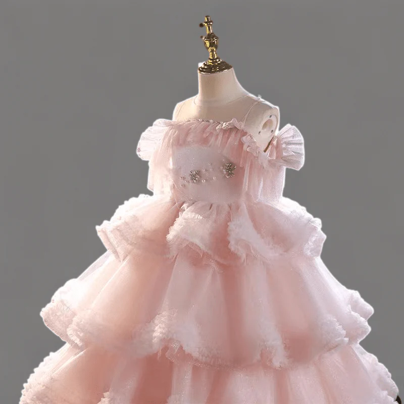 Pink Layered Tulle Flower Girl Dress with Off-Shoulder Design and Lace Details for Special Occasion - Plus Size - Image 4