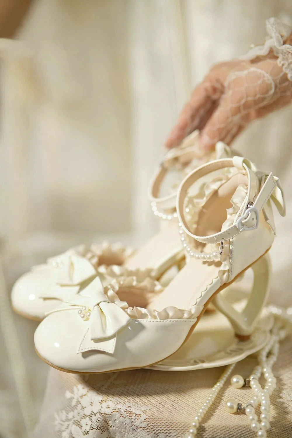 Pink Lolita Vintage Shoes with Bow and Pearl - Lolita Heels with Lace-Up