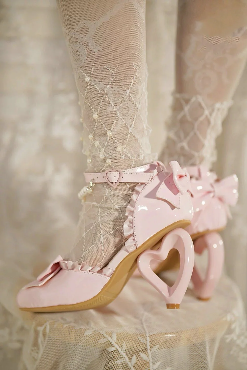 Pink Lolita Vintage Shoes with Bow and Pearl - Lolita Heels with Lace-Up - Image 5