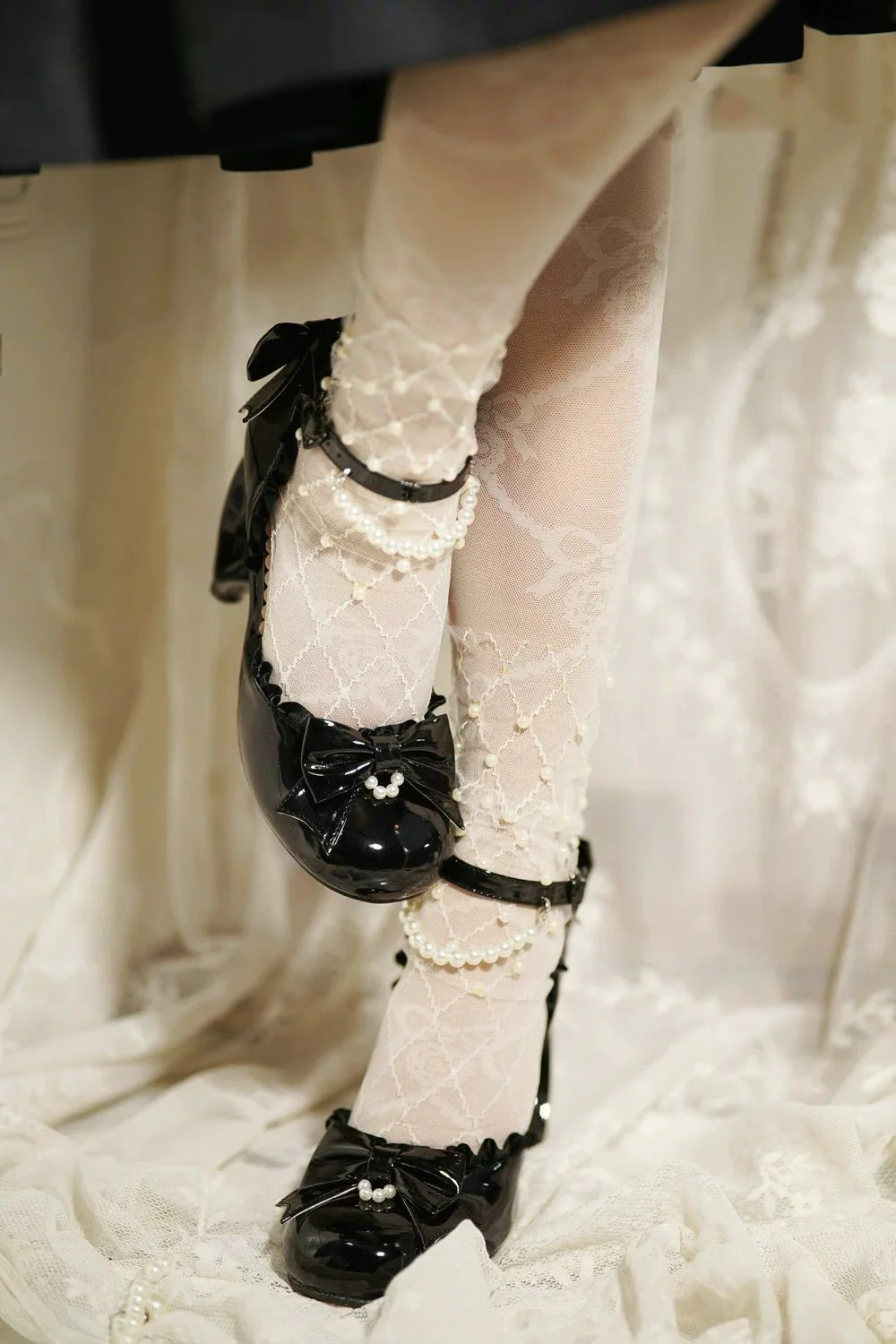 Pink Lolita Vintage Shoes with Bow and Pearl - Lolita Heels with Lace-Up - Image 7