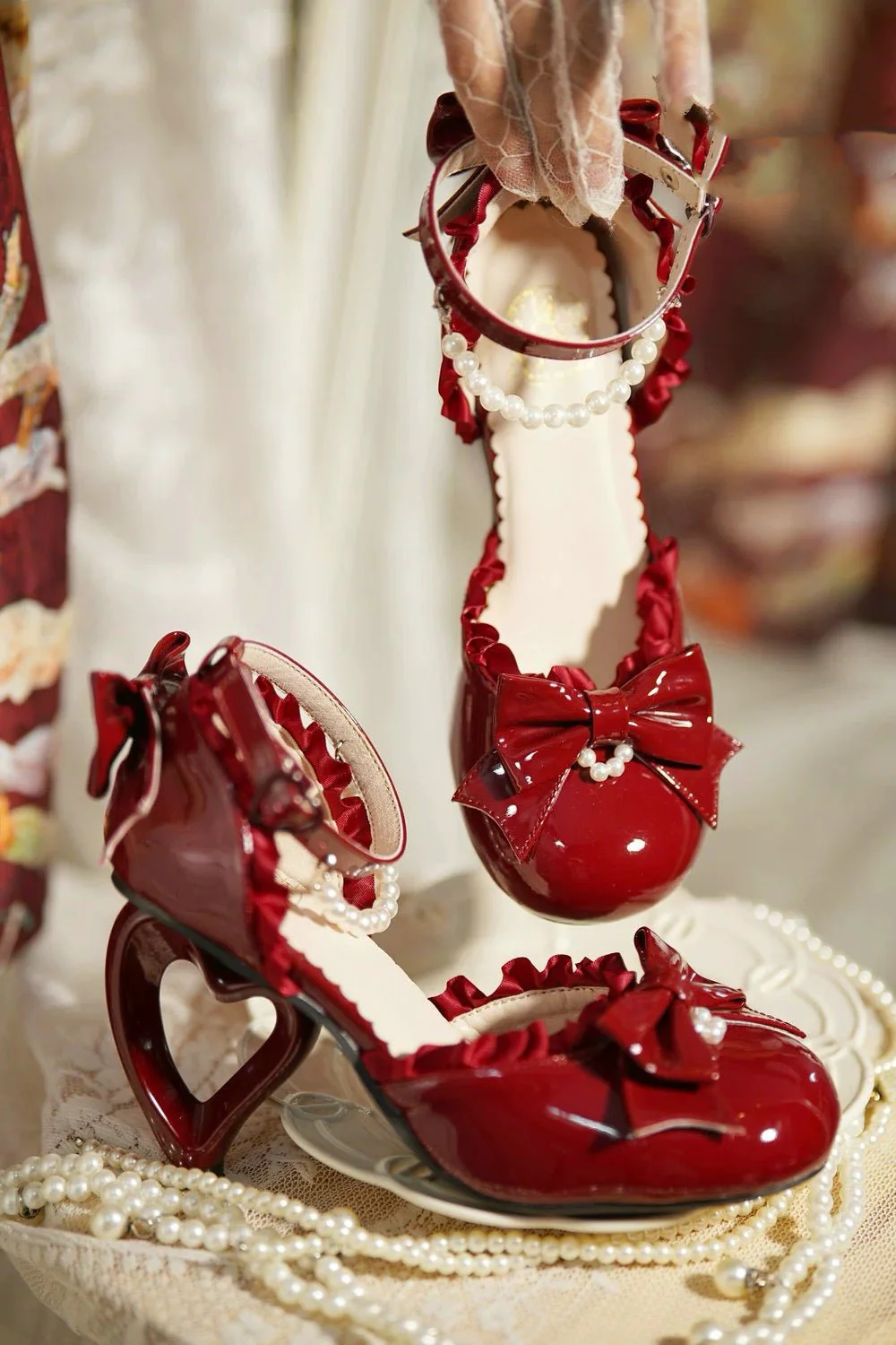 Pink Lolita Vintage Shoes with Bow and Pearl - Lolita Heels with Lace-Up - Image 9