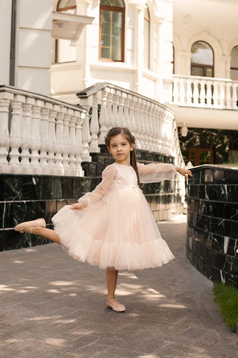 Pink Powder Long Sleeve Plus Size Flower Girl Dress – Elizabeth Tulle Gown with Hand-Embroidered Pearls for Special Occasions - Image 2