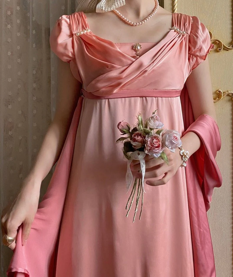 Pink Regency Era Dress with Delicate Embroidery - Custom Regency Dress with Puff Sleeves and Bow Plus Size - Image 5