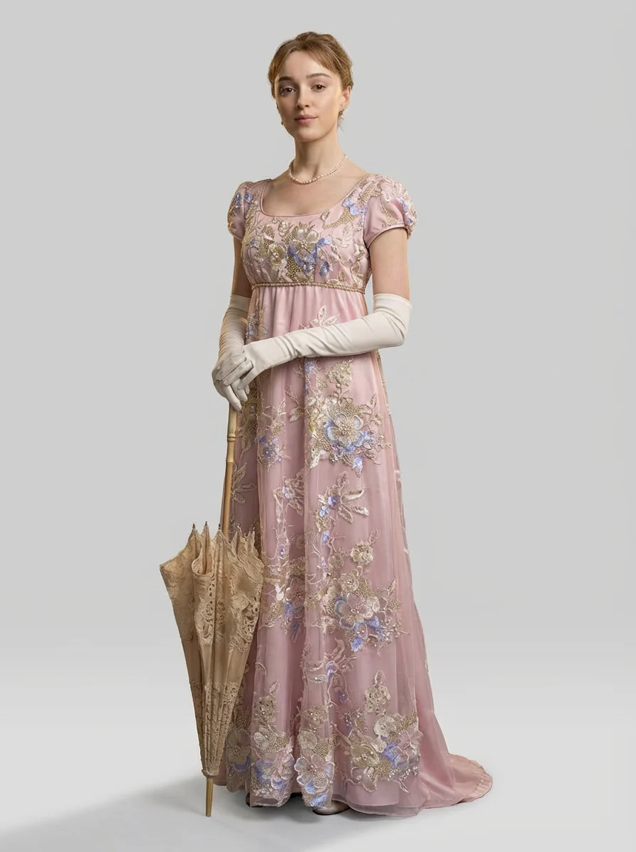 Pink Regency Era Embroidered Dress - Empire Waist Dress with Tulle Plus Size