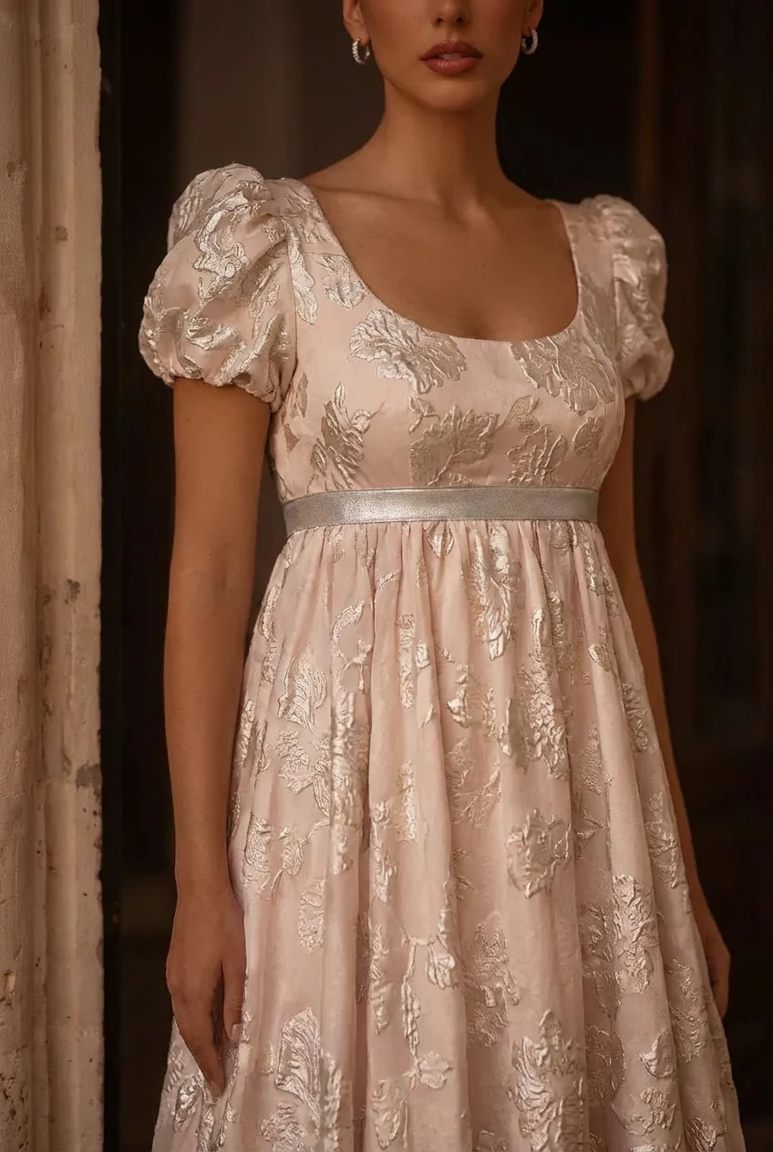 Pink Regency Era Empire Waist Jacquard Gown – Puff Sleeve Vintage Bridgerton Dress Plus Size - Image 3