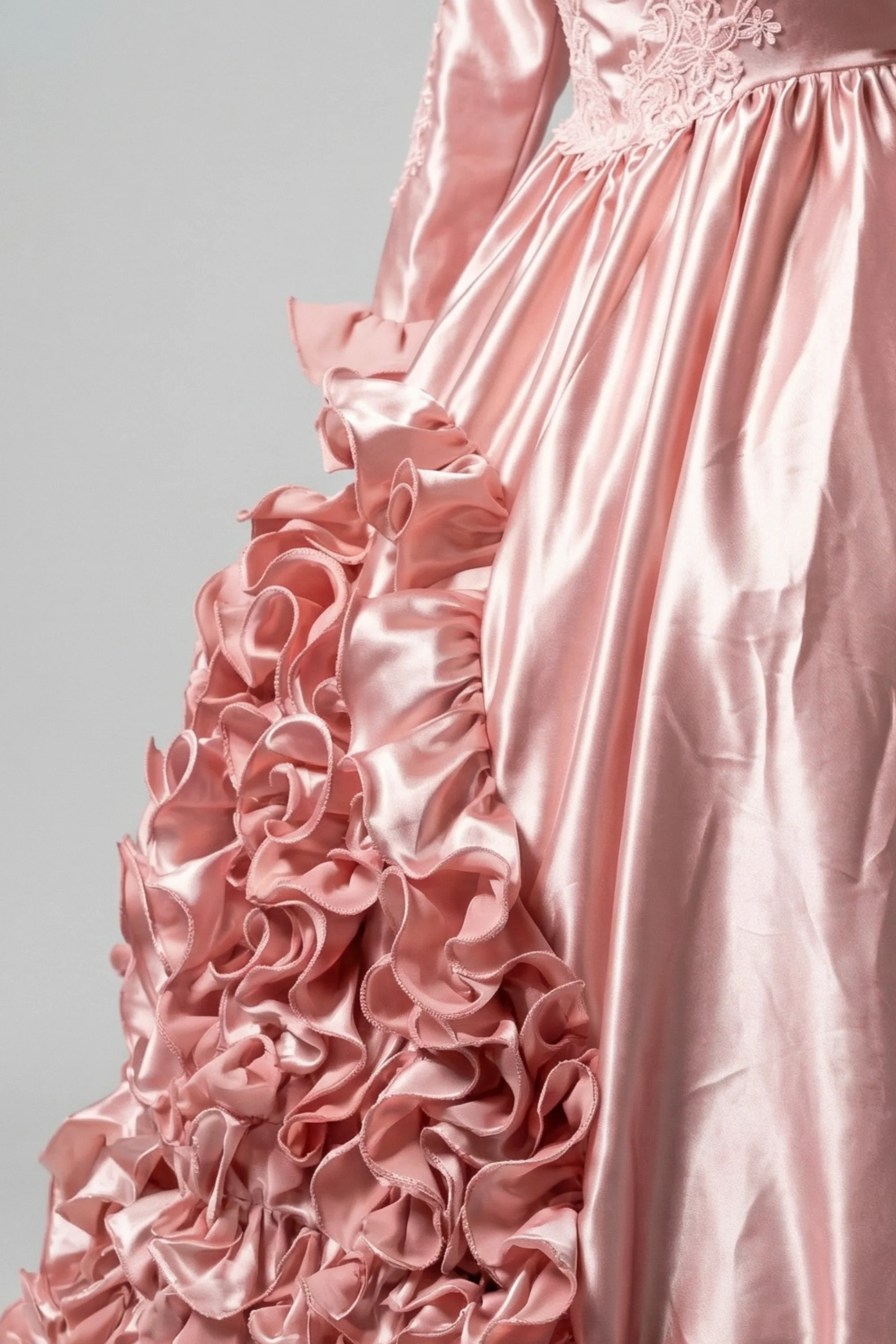 Pink Satin Vintage Antique A-line Ball Gown Wedding Dress with Long Sleeves and Ruffles - Plus Size - Image 5