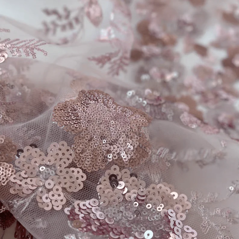 Pink Sequin Embroidered Floral Tulle Lace Fabric