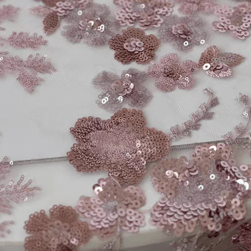 Pink Sequin Embroidered Floral Tulle Lace Fabric - Image 2