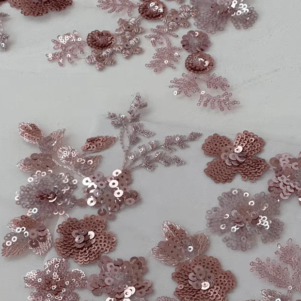 Pink Sequin Embroidered Floral Tulle Lace Fabric - Image 3