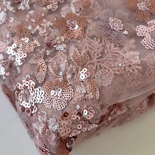Pink Sequin Embroidered Floral Tulle Lace Fabric - Image 4