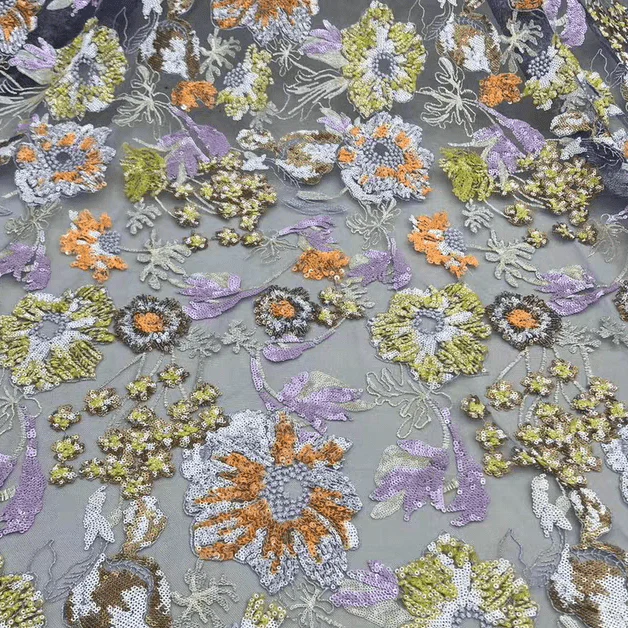 Pink Sequin Embroidered Floral Tulle Lace Fabric - Image 5