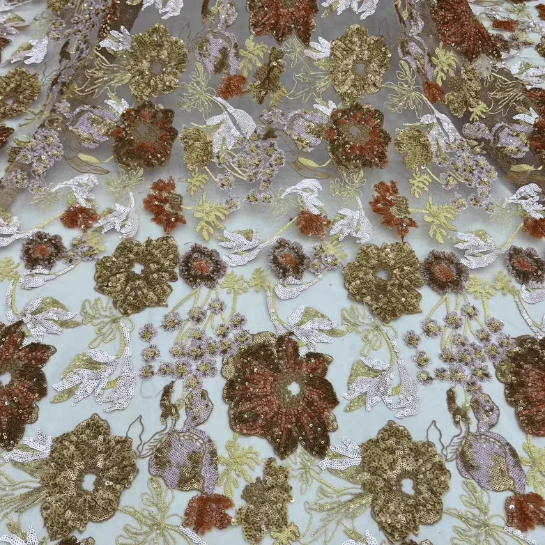 Pink Sequin Embroidered Floral Tulle Lace Fabric - Image 6
