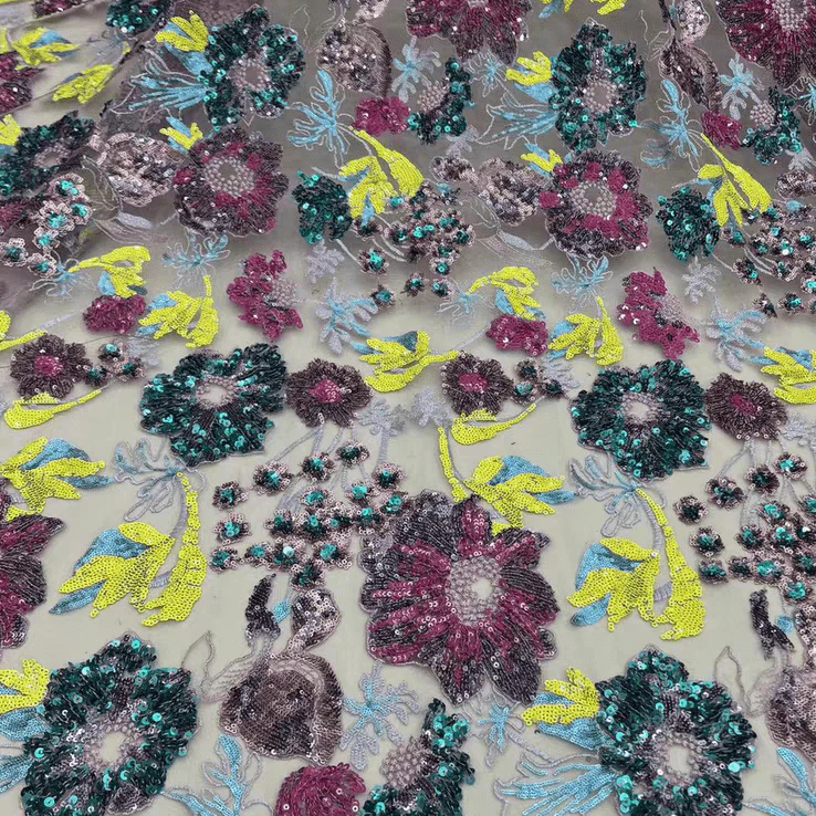 Pink Sequin Embroidered Floral Tulle Lace Fabric - Image 7