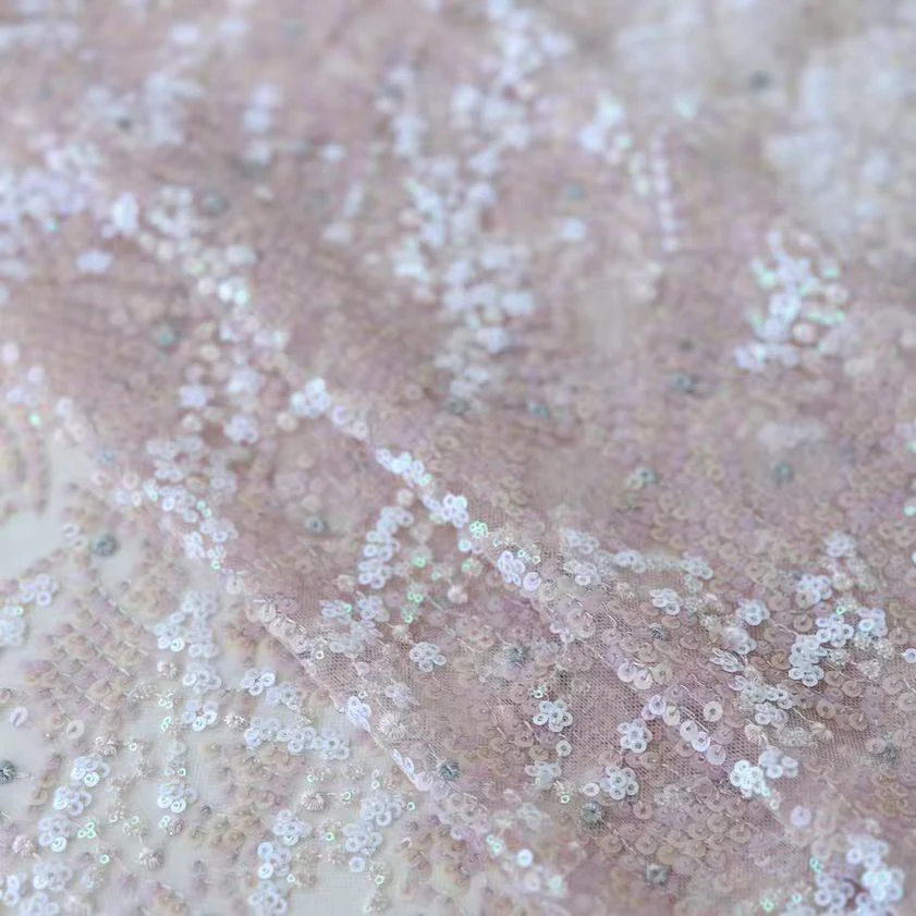 Pink Sequin Floral Embroidered Lace Fabric
