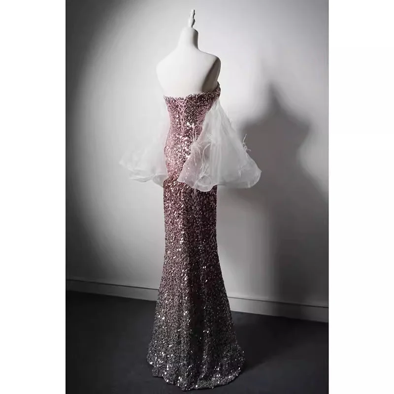 Pink Sequin Mermaid Evening Gown with Feather-Trimmed Tulle Accent and Thigh-High Slit - Image 3
