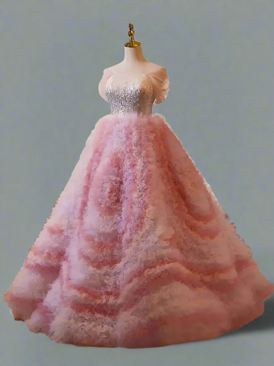Pink Tiered Ball Gown Corset Tulle Dress with Layered Ruffle Skirt – Elegant Evening Gown - Embellished Gown Plus Size - Image 2