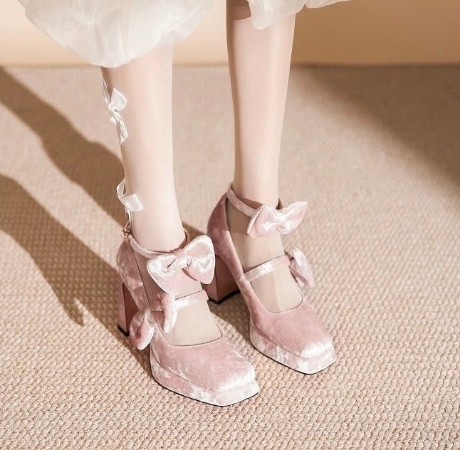 Pink Velvet Gothic Heels with Bow - Gothic High Heels - Image 5