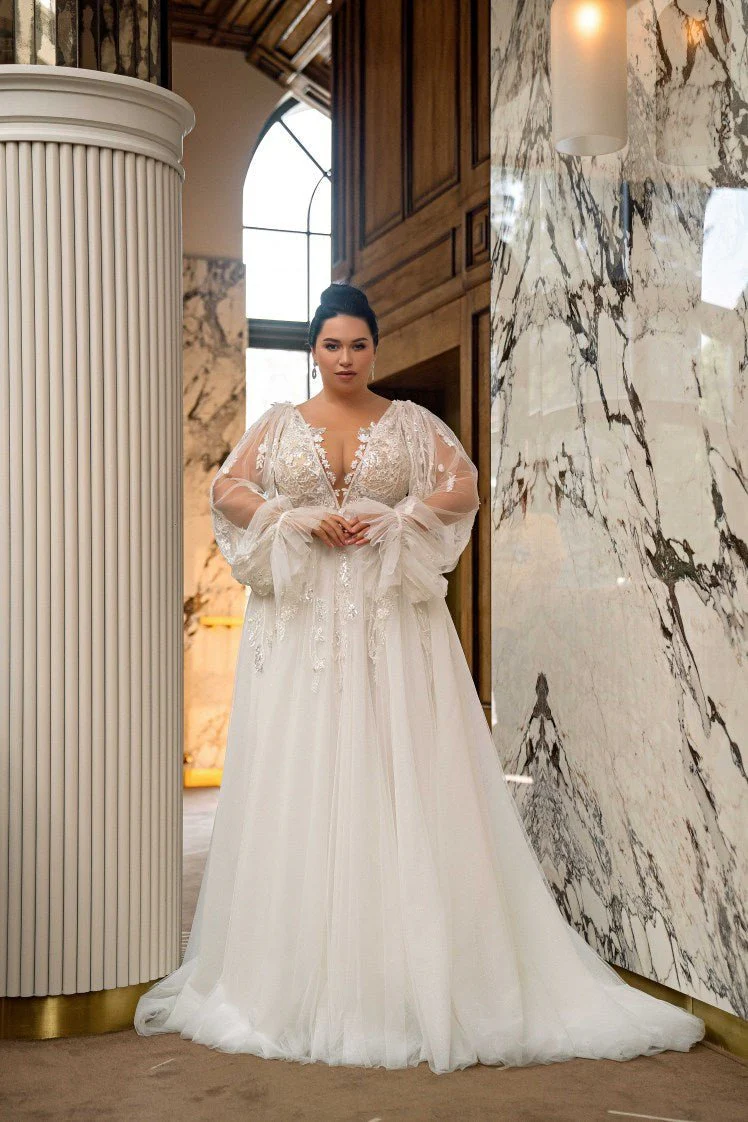 Plus Size Fairy Inspired Wedding Dress with V-Neckline and Beads - Detachable Long Sleeves Wedding Dress with Lace and Silver Sequins - NANCY