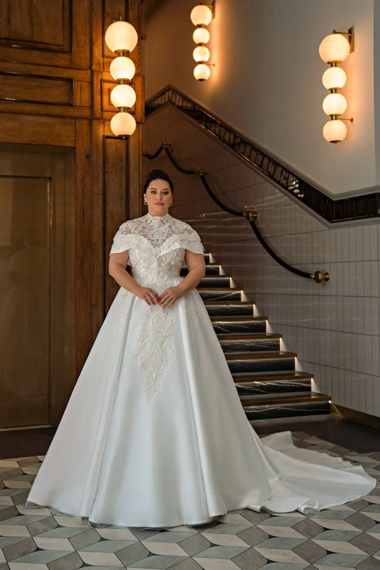 Plus Size Mikado Wedding Dress with Open-Shoulder Corset - Off Shoulder Wedding Dress with Lace - Convertible Wedding Dress - NICOLE - Image 2