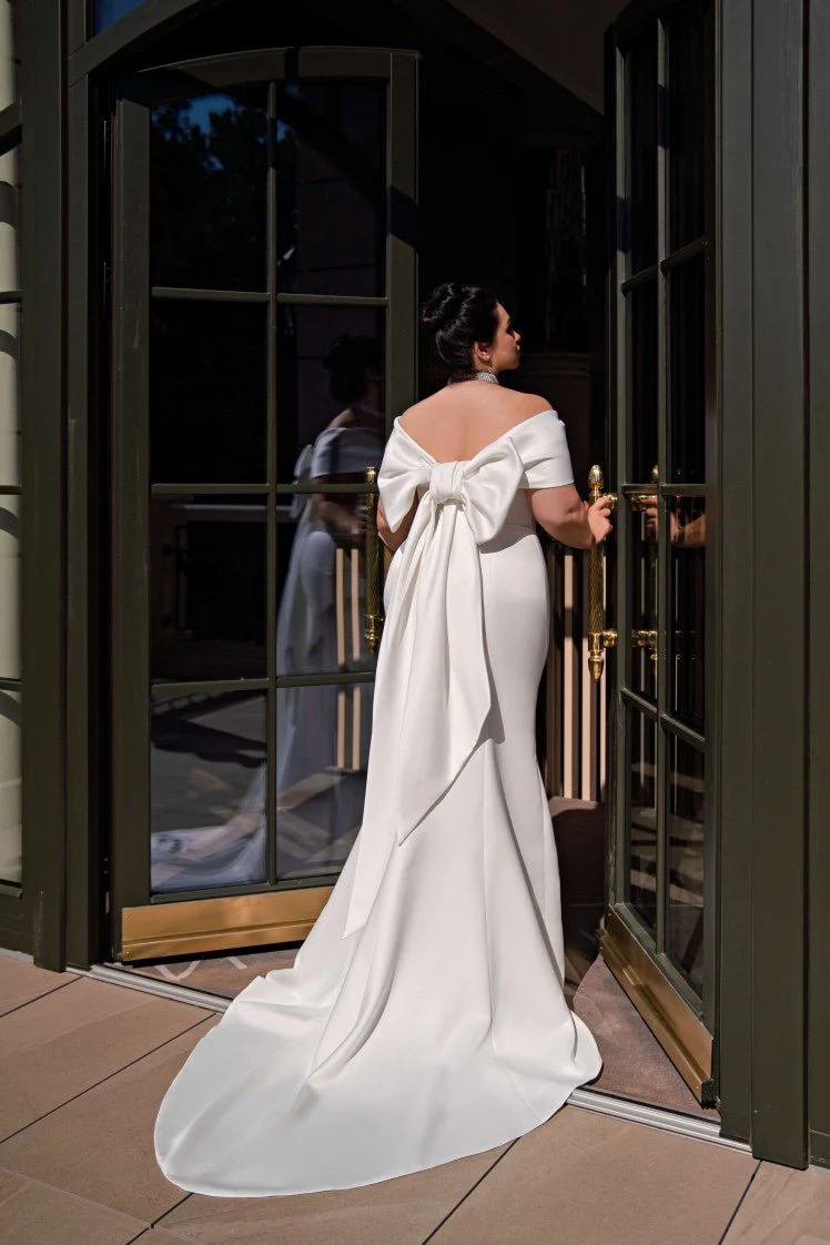 Plus Size Off-Shoulder Mermaid Wedding Dress with Train - Simple Satin Wedding Dress with Removable Bow Collar Plus Size - NIKA - Image 3