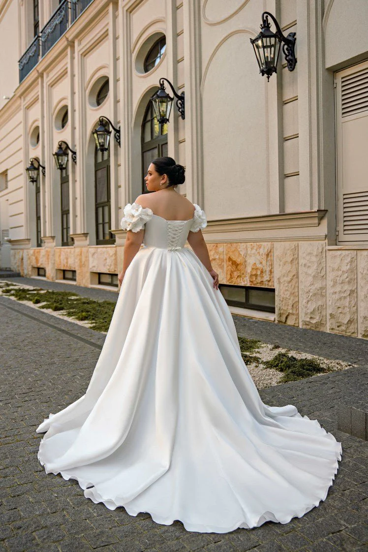 Plus Size Off Shoulder Wedding Dress with Flower Sleeves - Satin Wedding Dress with Side Slit and Corset Back - NAJA - Image 3